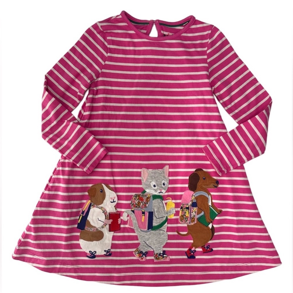 Mini Boden Pink Striped Dress with Animal Appliqué